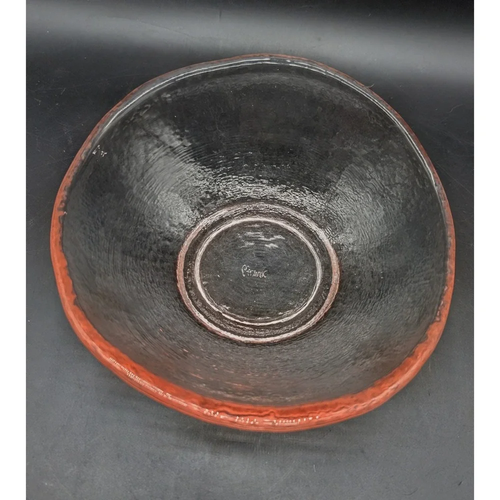 Signed Hand Blown Art Glass Textured Pink Clear Bowl Signed Centerpiece 7.5